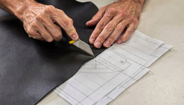 Closeup medium shot of hands skillfully slicing black leather hide on a clean cutting surface focusing on accuracy against marked templates.