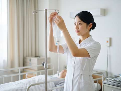 病院のベッド横で輸液スタンドに点滴袋をセットする看護師の女性