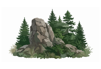 Forest Rock with Fir Trees and Decorative Garden Shrubs Vector Illustration Isolated on White Background © Amirul