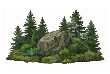 Decorative Forest Boulder with Evergreen Fir Trees Vector Landscape Element on White Background © Amirul