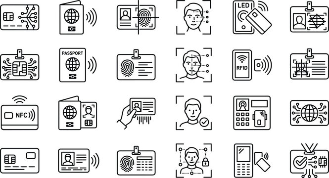 Biometric ID Card and Passport Verification Icon Set with Digital Recognition Symbols for Cyber Security, Tech Apps, and Identification Systems