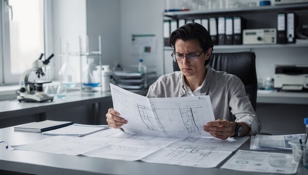 Focused medium shot of a focused editor reviewing detailed technical drawings in a softly blurred labadjacent niche trade journal office environment.
