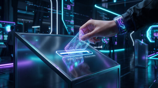 Futuristic voting system: Hand inserts transparent card into digital ballot box with neon lights