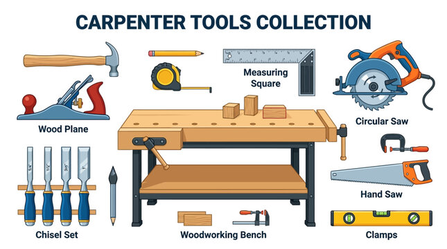 Carpenter tools and equipment laid out on a woodworking bench indoors