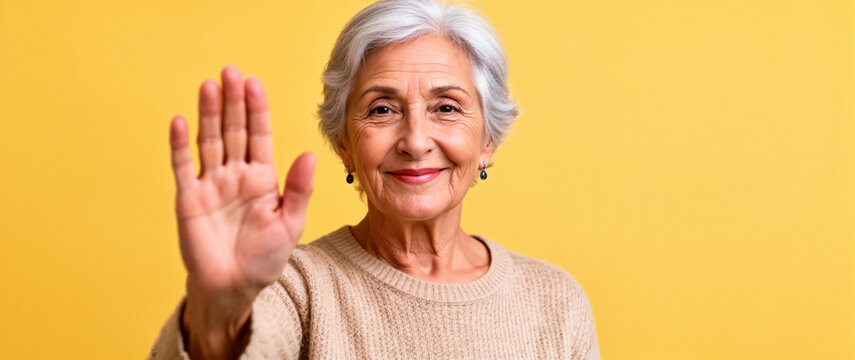 A elderly woman standing with her hand open facing the camera to say no