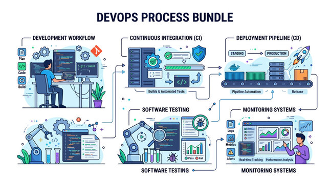 DevOps process bundle illustration shows development, continuous integration, deployment, testing, and monitoring systems with software testing and monitoring systems