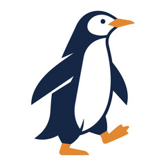 Obraz premium Minimalist blue and white penguin vector illustration walking with orange feet on white backdrop