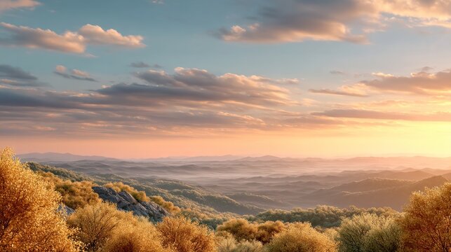 Stunning Mountain Escarpment Surrounded by Radiant Mixed Vegetation at Sunset