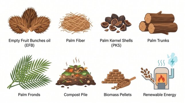 Palm biomass converting to compost, biomass pellets, renewable energy