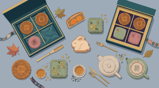 Chinese Mid Autumn Festival mooncake gift boxes with tea set and rabbi