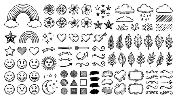 Hand Drawn Boho Decorative Element Set with Rainbows Flowers Botanical Leaves Celestial Stars Smiley Faces Clouds and Abstract Borders for Creative Layouts