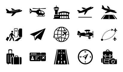 Aviation and Airport Travel Glyph Icon Set Featuring Airplanes Helicopter Terminal Building Luggage Runways Ticket Compass and Camera Symbols for Logistics Web Designs © Hosneara