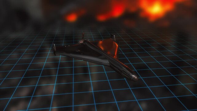 Metallic stealth drone with a polished reflective finish flies over a dark digital grid with distant fire explosions in a horizontal 3D render