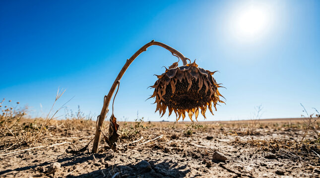 Lone sunflower drooping under sun in a dry cracked earth field of drought