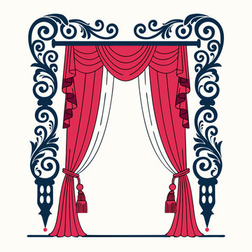 Minimal flat vector illustration of a luxurious red theater curtain with elegant golden ornamental frame, royal stage backdrop