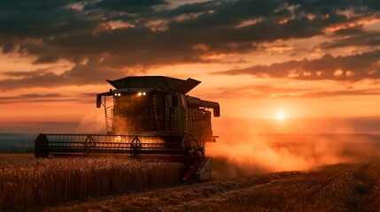 Fototapeta premium Sunset Behind a Combine Harvester in a Wheat Field Raising Dust During Harvest