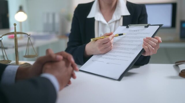 Female lawyer showing a male client where to sign a contract with a pen in a law firm office