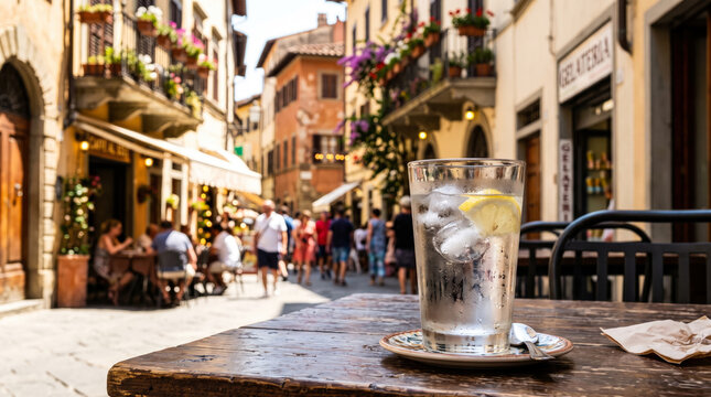 Glass of water on outdoor table at a busy European street cafe in summer