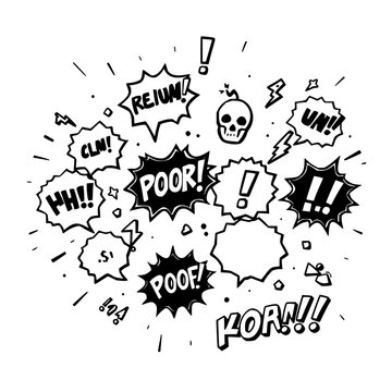 Speech bubbles and symbols set with comic-style illustrations depicting strong emotions and profanity featuring exclamations, skulls, bombs with lightning and punctuation