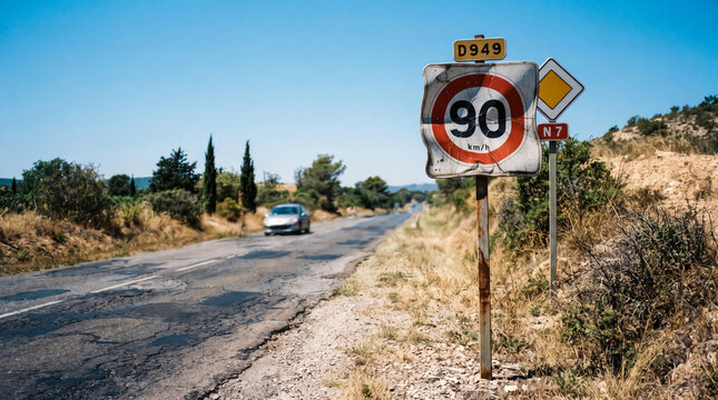 Old road sign with 90 speed limit distorted by extreme summer heat on highway