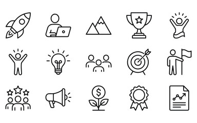 Fototapeta premium A collection of 15 unique high-quality isolated clipart illustrations depicting achievements, hobbies, and activities on transparent PNG backgrounds.