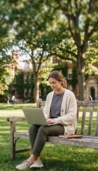 Obraz premium Young business student working on laptop outdoors on campus bench