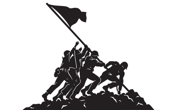 A black silhouette illustration of the iconic Iwo Jima flag-raising scene.