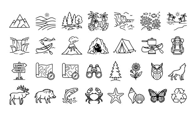 Outdoor Nature Adventure Icon Set with Mountains Beaches Forests and Animal Outline Symbols
