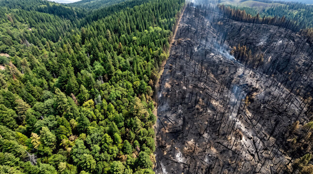 Aerial view of a forest showing a sharp contrast between fire and green trees