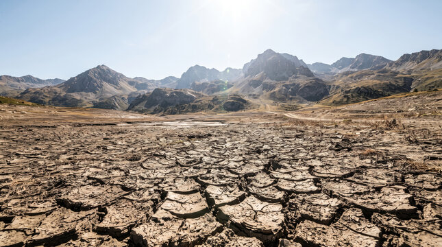 Cracked earth in European mountains during a severe summer drought period