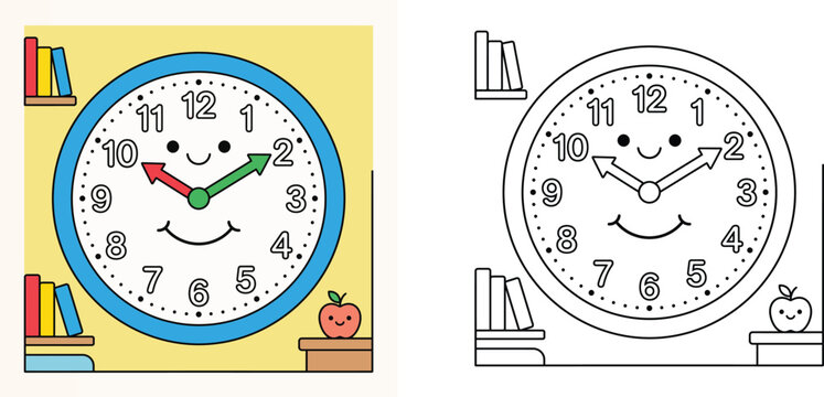 Cute wall clock coloring page for kids with books and apple, colored illustration and black and white outline vector template for children learning to tell time activity sheet.