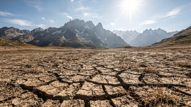 Cracked earth in European mountains under bright sun during long drought