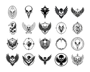 Fototapeta premium Skull with wings crest in vintage engraving style for gothic logo design or Winged skull badge with ornate heraldic frame vector artwork for apparel branding