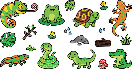 Fototapeta premium Cute Reptiles and Amphibians Vector Doodle Set Featuring Smiley Chameleon Frog Turtle Snake Alligator and Tropical Forest Sticker Icons