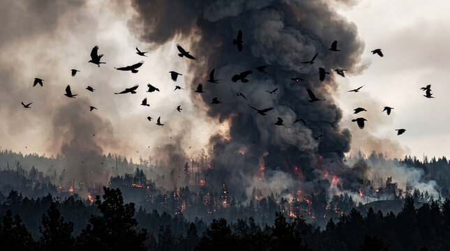 Birds flying from thick smoke of a forest wildfire burning in the distance