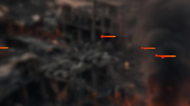 Military combat drones swarm over a destroyed urban city in a dramatic warfare simulation with fire and smoke devastation