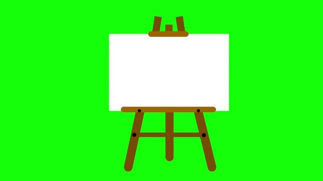 An animation of a wooden artist easel holding a blank white canvas over a chroma key green screen background.