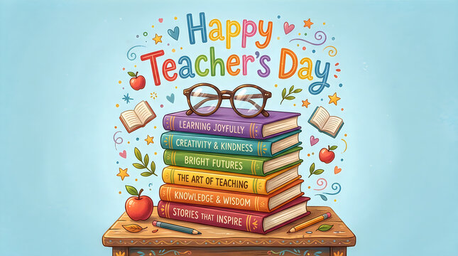 Stack of books with glasses on wooden desk for celebrating happy teacher day with theme.