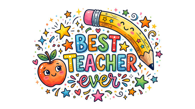 Vibrant illustration featuring cute pencil apple and text celebrating best teacher ever day.
