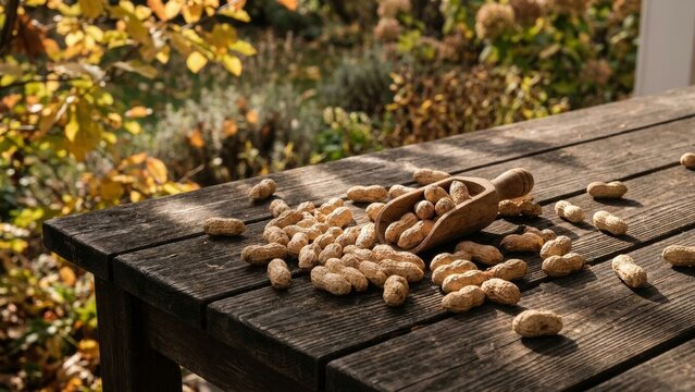 Food - Unshelled Peanuts Scattered on Rustic Wooden Outdoor Table with Wooden Scoop in Autumn Garden