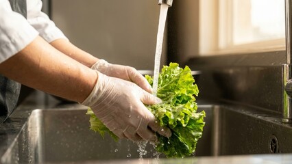 Fototapeta premium Food Safety - Chef Washing Fresh Green Lettuce Under Running Water in Kitchen Sink Wearing Disposable Gloves