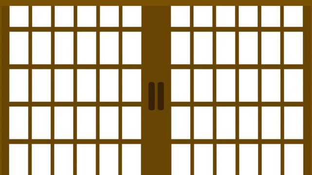 Traditional Japanese wooden shoji lattice sliding doors closing and opening on a green screen background.
