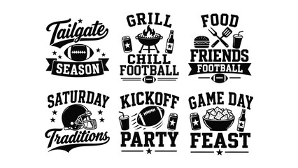 Collection of black and white graphic designs related to football game day traditions and celebrations © MDRAHMAT