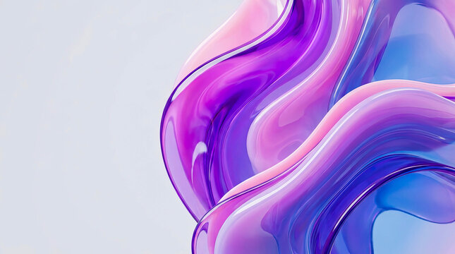 Vibrant glossy fluid forms in purple, pink and blue create a dynamic abstract composition. Smooth flowing curves and reflective surfaces provide modern copy space for branding.
