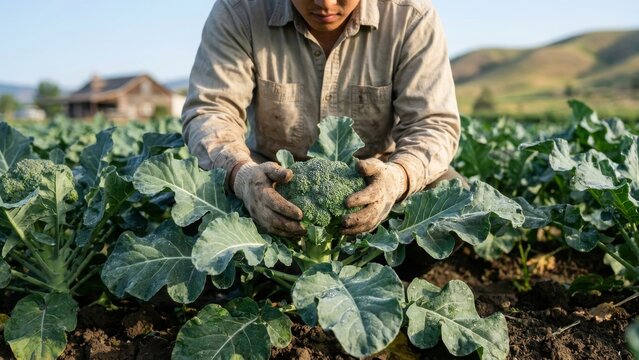 Agriculture - Asian Farmer Harvesting Fresh Broccoli Head by Hand in Green Vegetable Field on Sunny Day