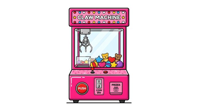 Playing a pink claw machine arcade game with colorful plush toys inside a bright and playful setting