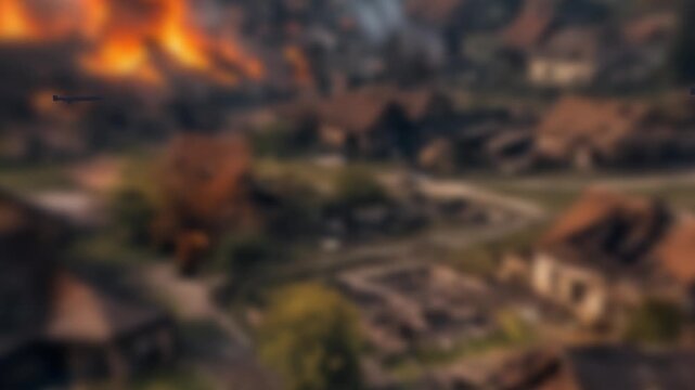 Metallic stealth missile streaks horizontally over a burning country village during a dramatic aerial strike sequence