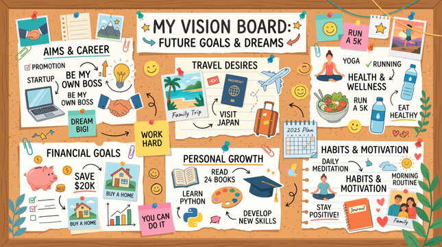 Personal goals and self improvement planning board illustration