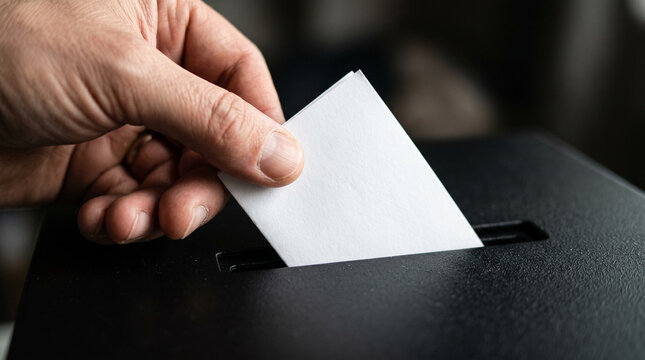 Hand casting blank vote into ballot box, election, democracy, voting concept