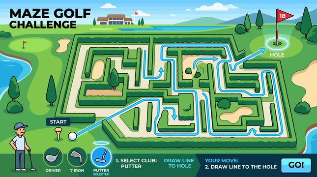 Colorful golf puzzle game with hedge maze and golfer illustration